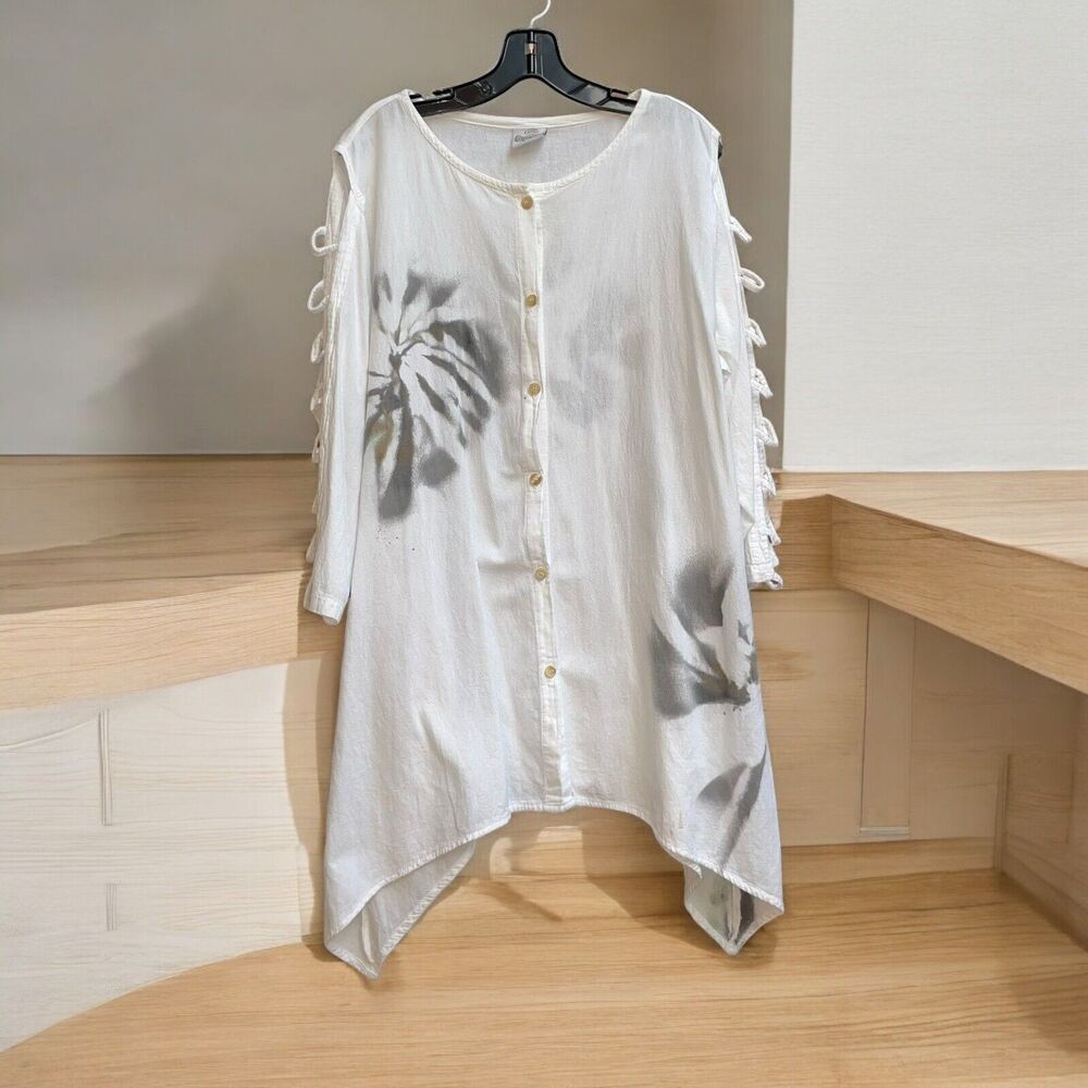 Cottonseed Casual Clothing L Artsy Lagenlook Painted Floral Gauzy Tunic